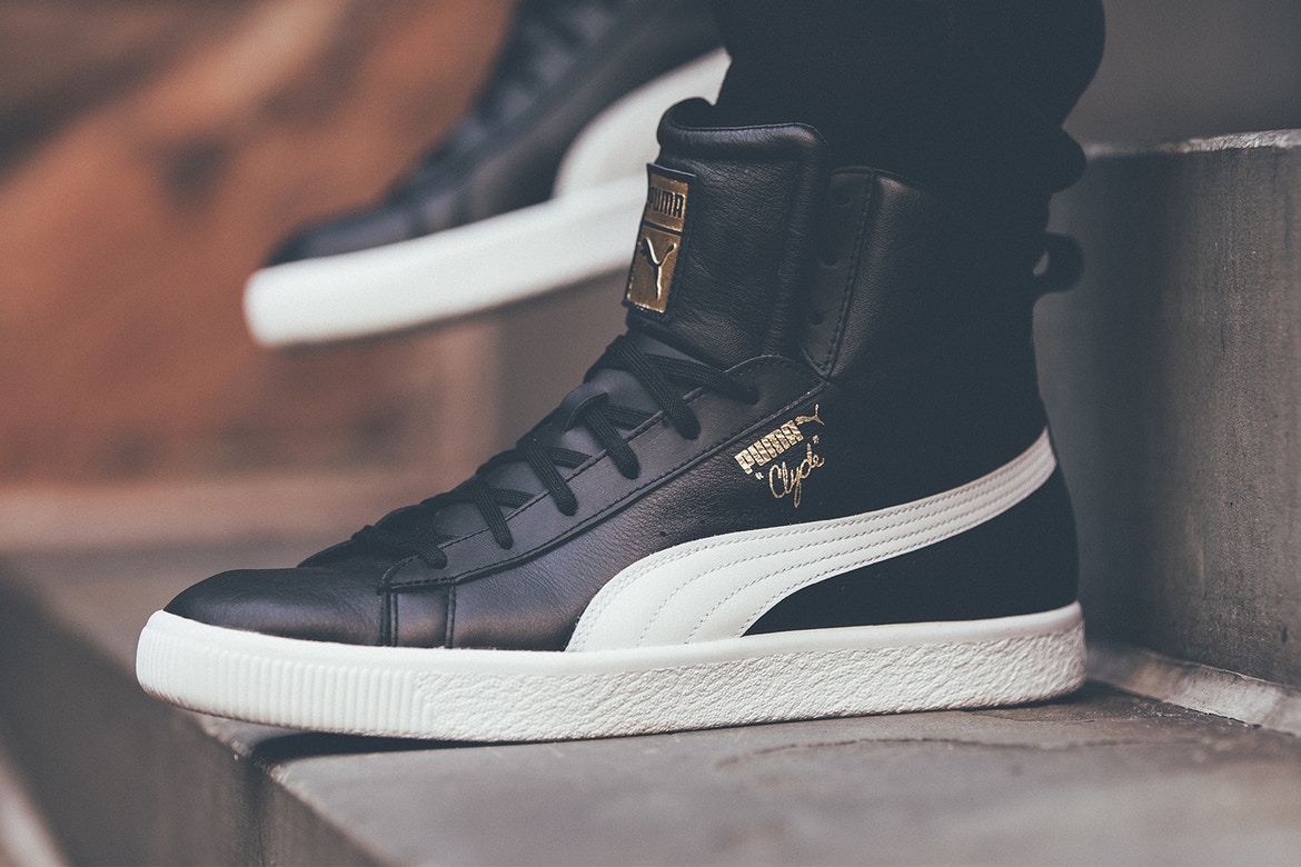 PUMA Clyde Mid Foil in White and Black Leather - Sugar Cayne