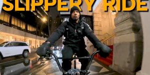 Slippery BMX bike ride on the road